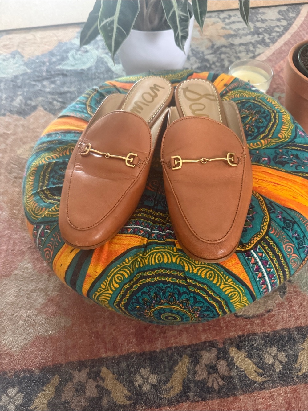 Sam Edelman Cognac Leather Slip-On Mules with Gold Horsebit